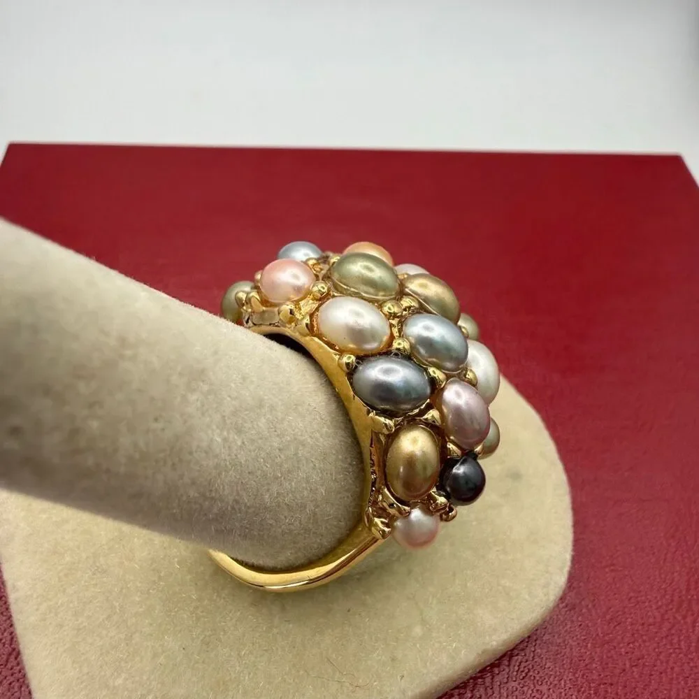 Kenneth Jay Lane vintage gold tone ring dome multi-colored faux pearls New sz 11